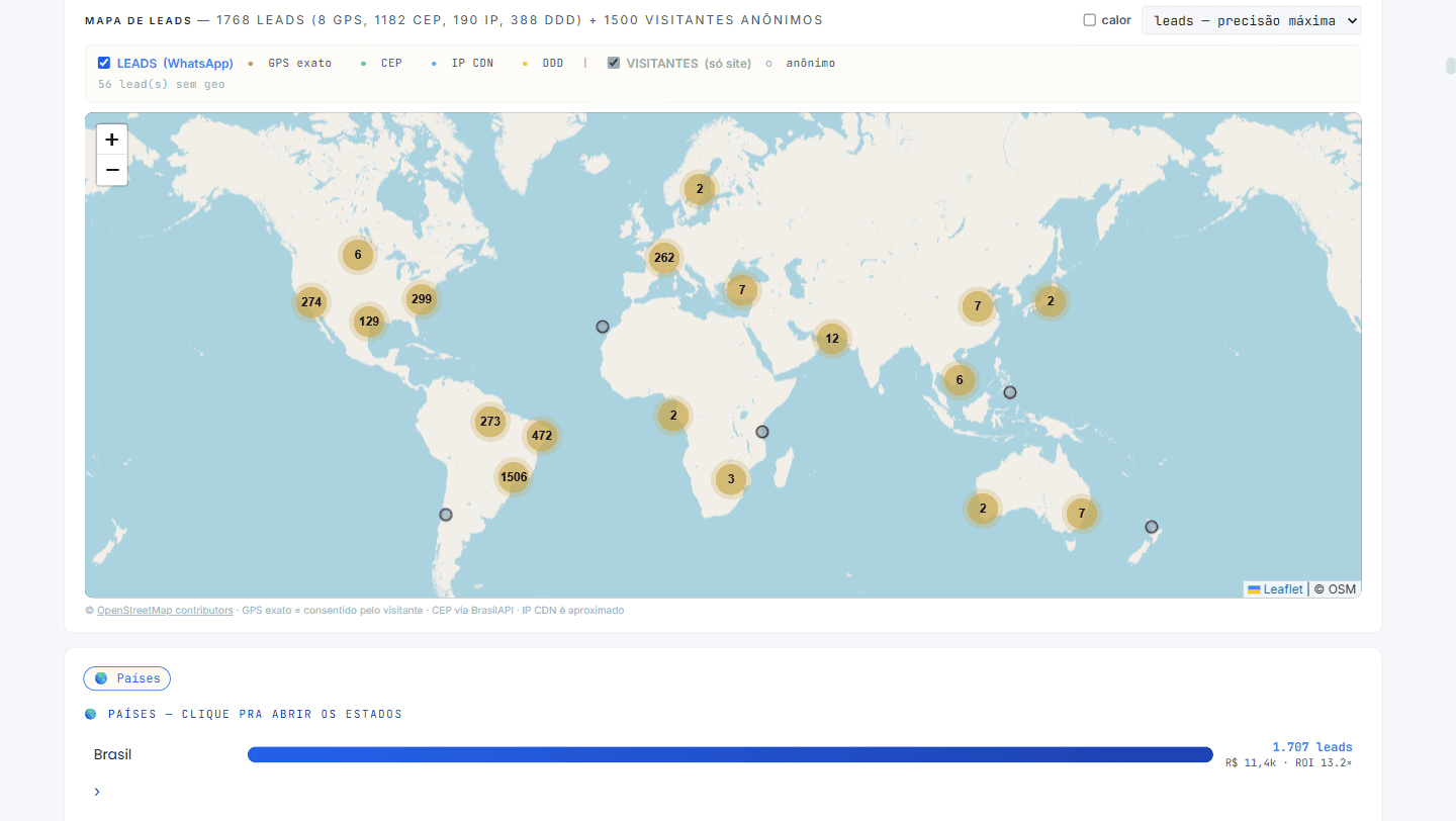 Tela real · mapa de leads e visitantes (1.768 leads geolocalizados)